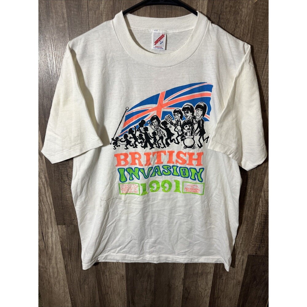 VTG British Invasion Band T Shirt L USA Made Rare HTF Rock And Roll Jerzees 1991